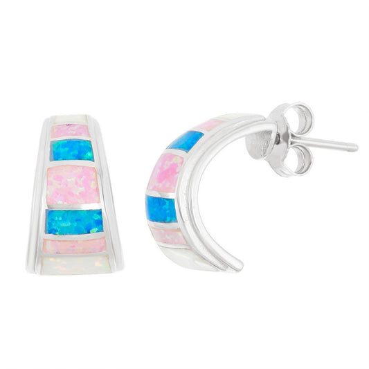 Sterling Silver White, Pink, and Blue Inlay Opal Half Hoop Earrings