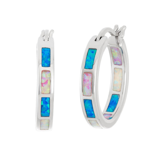 Sterling Silver White, Pink, and Blue Inlay Opal Hoop Earrings