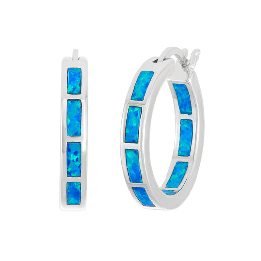 Sterling Silver Blue Inlay Opal Hoop Earrings