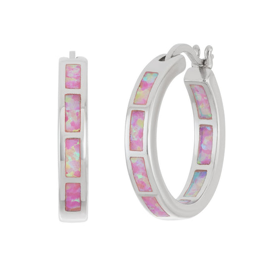 Sterling Silver Pink Inlay Opal Hoop Earrings
