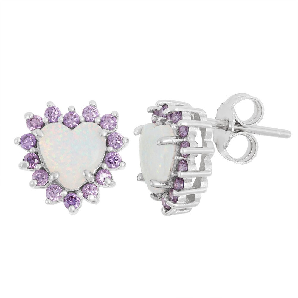 Sterling Silver White Inlay Opal with Surrounding Amethyst CZ Heart Stud Earrings