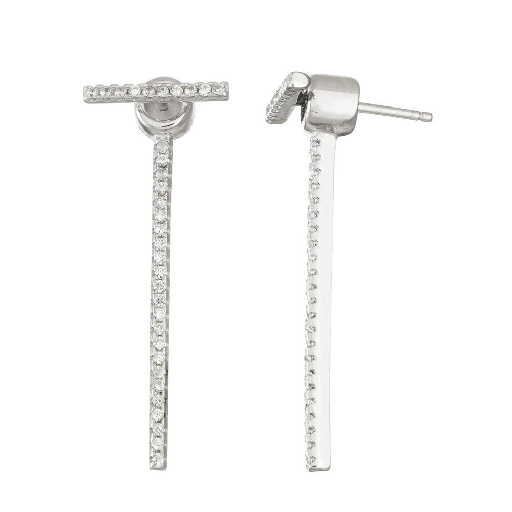 Sterling Silver CZ Front Small Bar and Back Long Bar Earrings