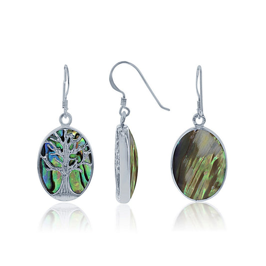 Sterling Silver Large Oval Tree Earrings - Abalone