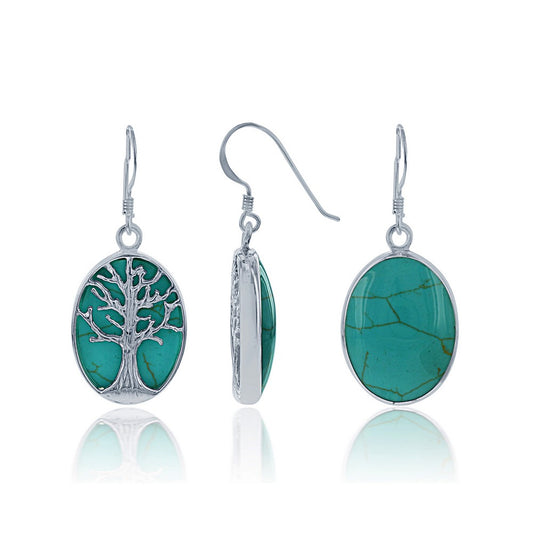 Sterling Silver Large Oval Tree Earrings - Green Turquoise