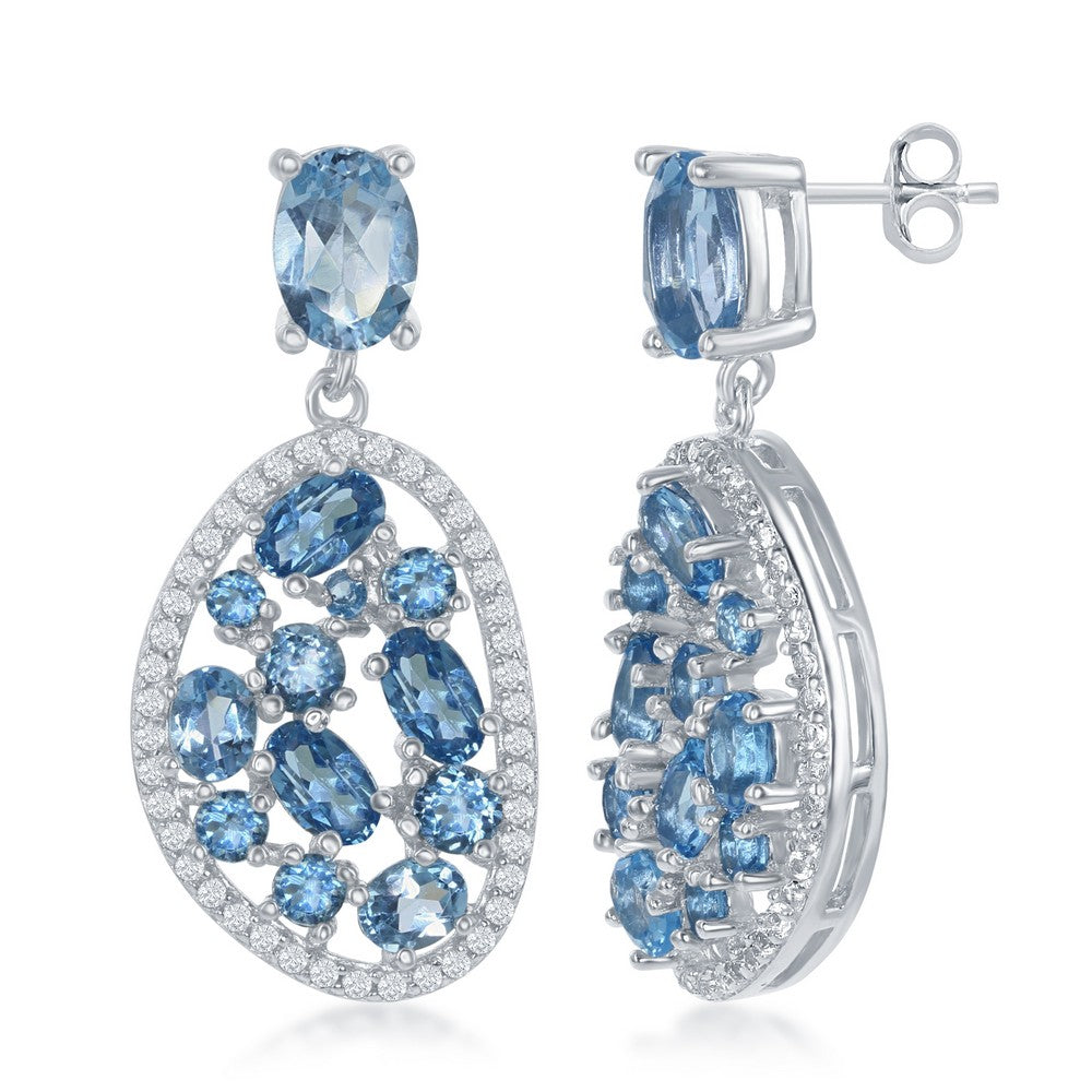 Sterling Silver Multiple Blue Topaz Multi Shape With White Topaz Border Earrings