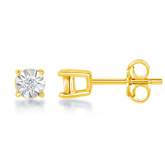 Sterling Silver Center Diamond 3MM Stud Earrings - Gold Plated