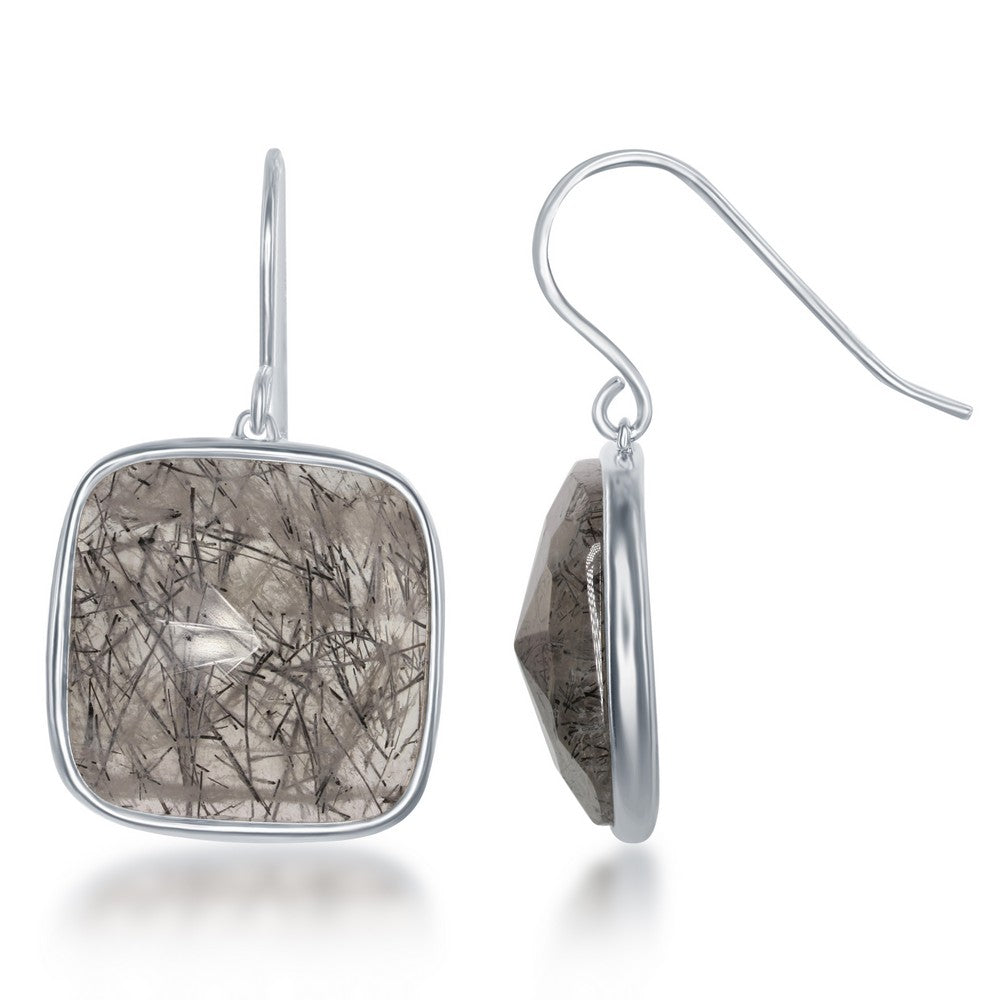 Sterling Silver Square Black Rutilated Quartz Earrings