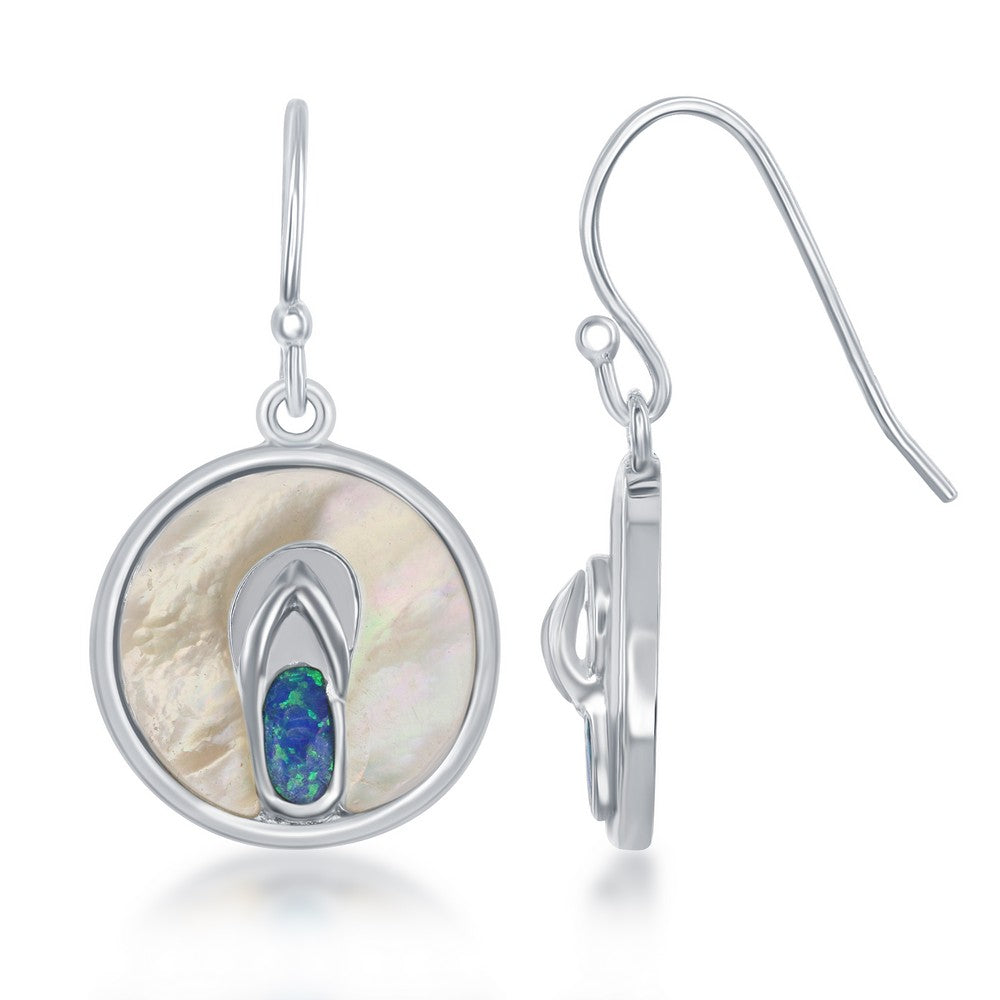 Sterling Silver Round MOP with Blue Inlay Opal Flip Flop Earrings