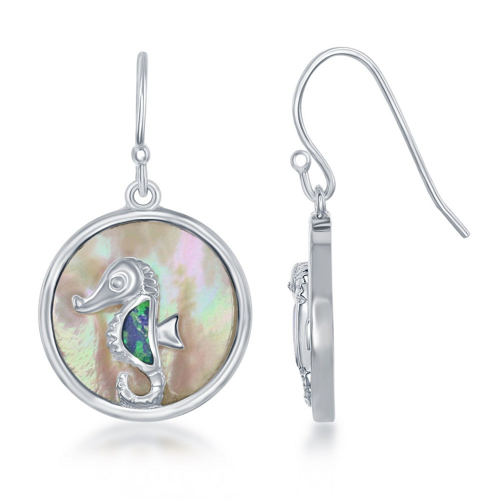 Sterling Silver Round MOP with Blue Inlay Opal Seahorse Earrings