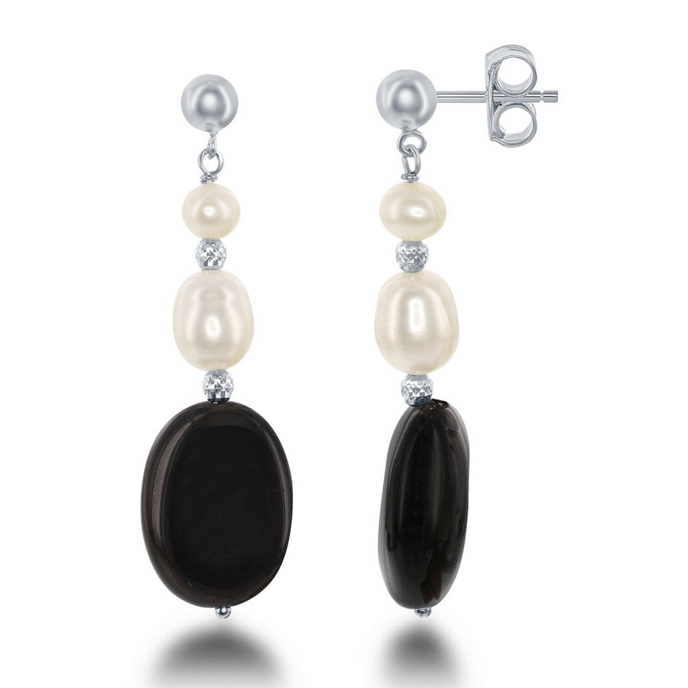 Sterling Silver Double FWP with Oval Onyx Earrings