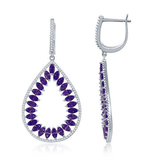 Sterling Silver Large Open Teardrop Purple and White CZ Earrings