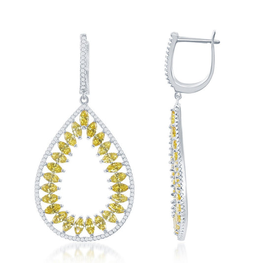 Sterling Silver Large Open Teardrop Yellow and White CZ Earrings