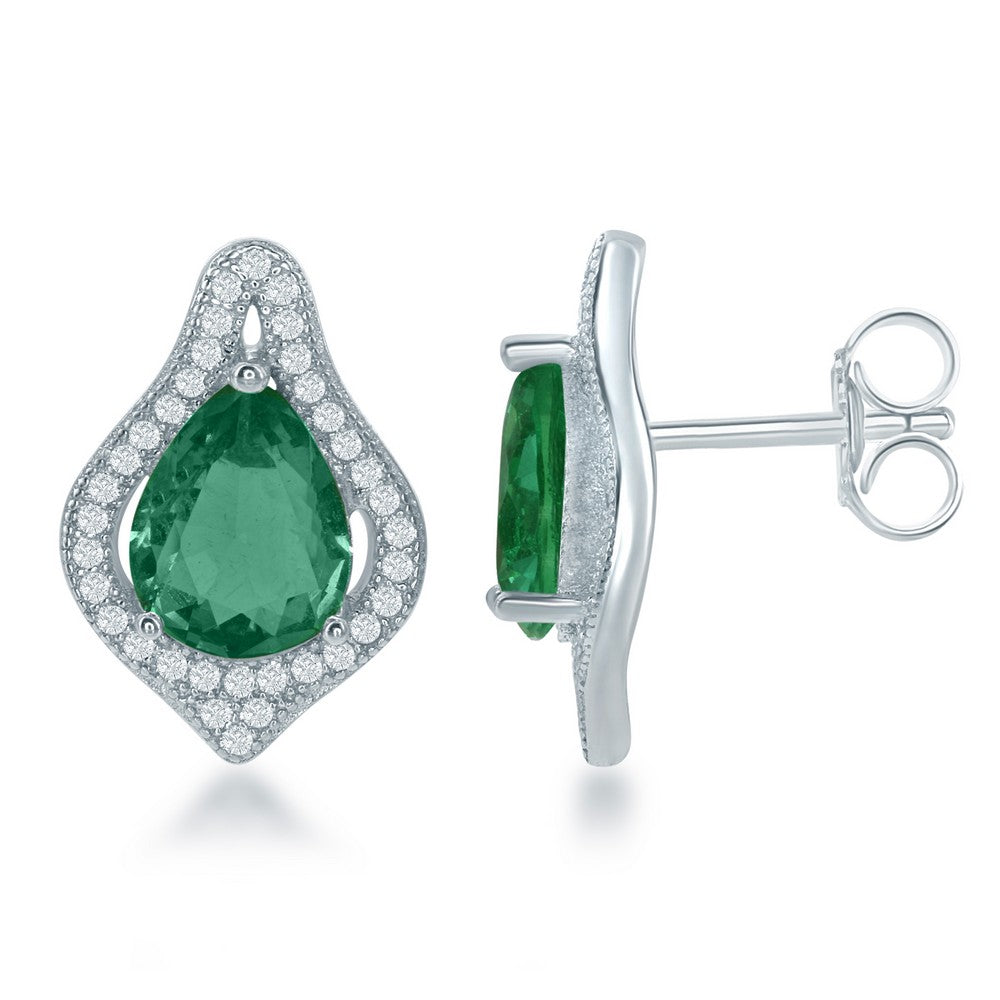Sterling Silver Large Teardrop Simulated Emerald with CZ Border Earrings