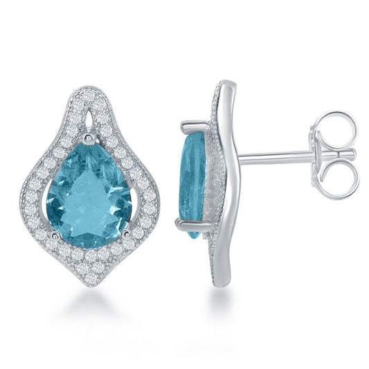 Sterling Silver Large Teardrop Simulated Blue Topaz with CZ Border Earrings