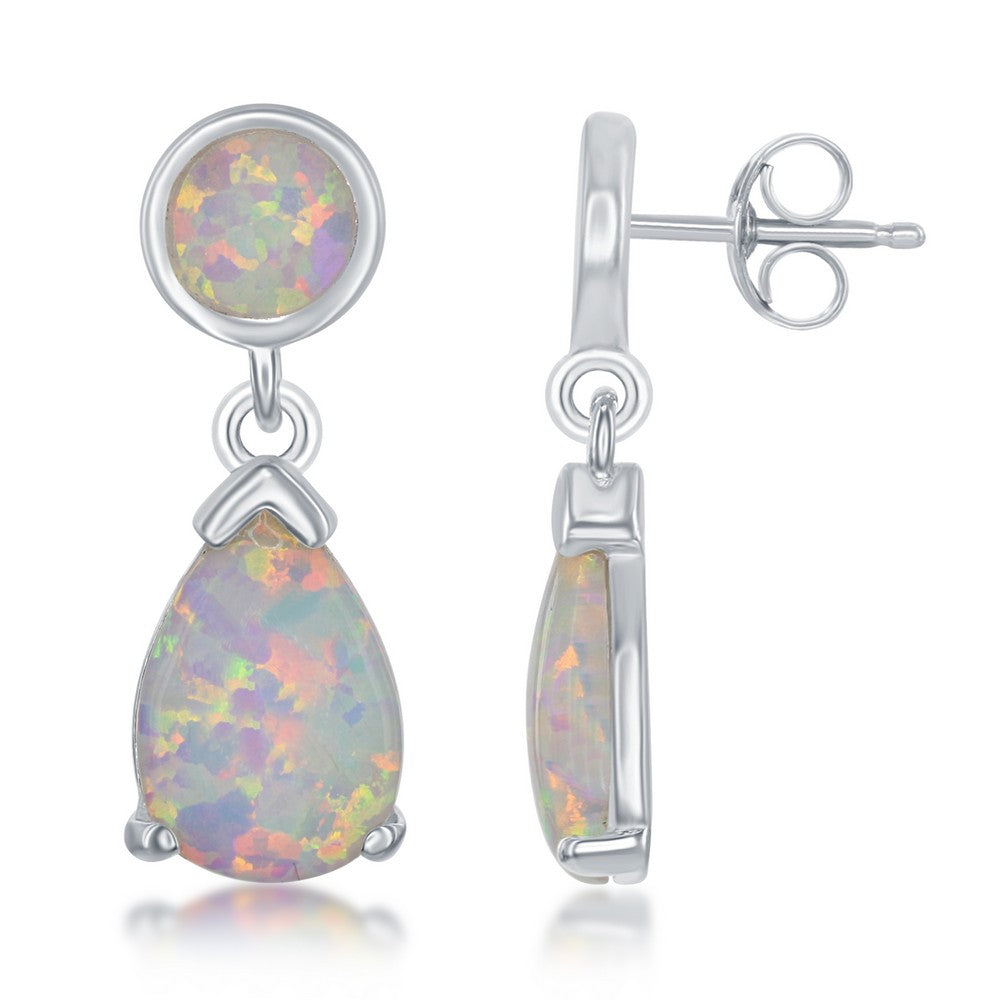 Sterling Silver White Inlay Opal Round and Teardrop Dangling Earrings