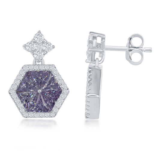 Sterling Silver Hexagon Shaped Center Lavender with CZ Border Earrings
