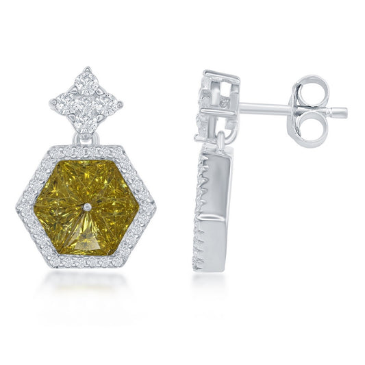Sterling Silver Hexagon Shaped Center Yellow with CZ Border Earrings