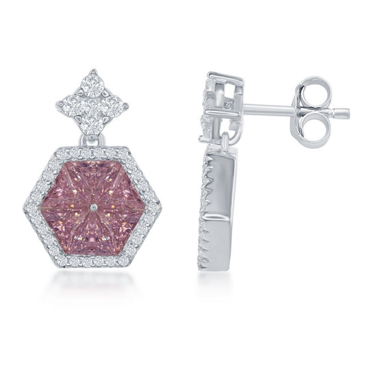 Sterling Silver Hexagon Shaped Center Pink with CZ Border Earrings
