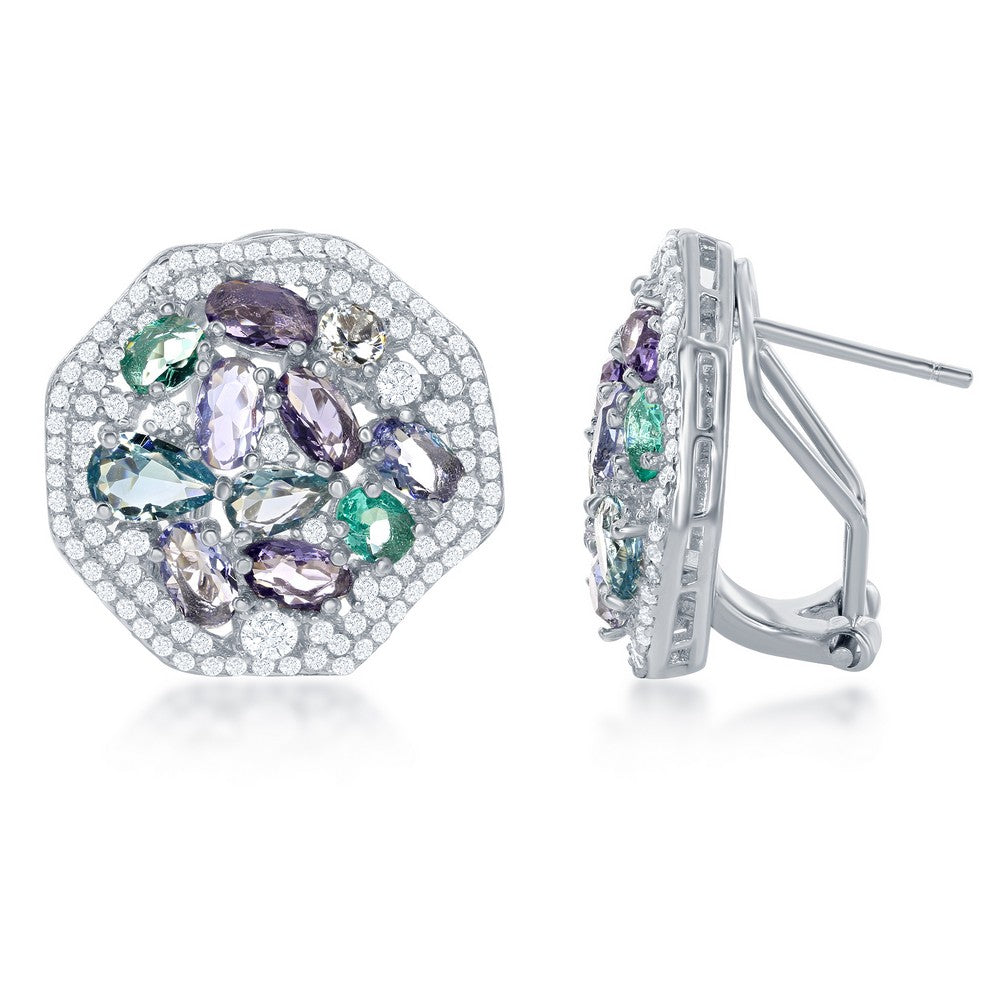 Sterling Silver Large Hexagon With  Center Lavender, Amy, Emerald, & BT CZs With  CZ Border Earrings