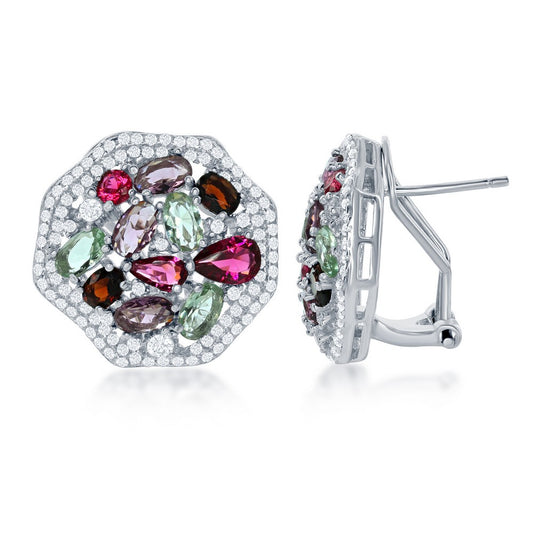 Sterling Silver Large Hexagon With  Center Multi-Color CZs & CZ Border Earrings