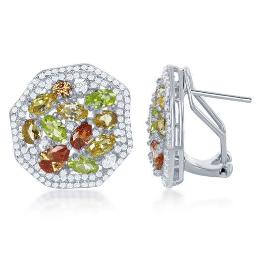 Sterling Silver Large Hexagon With  Center Yellow, Peridot, Champagne CZs & CZ Border Earrings