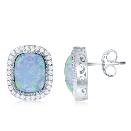 Sterling Silver Square White Opal with CZ Border Earrings