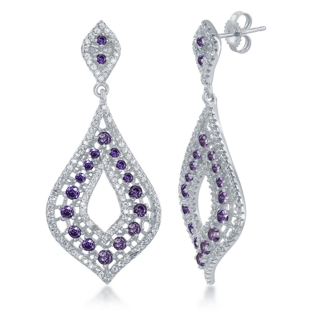 Sterling Silver Open Curved Marquise with Amethyst CZ & White CZs Earrings