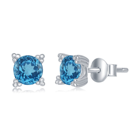 Sterling Silver 5MM Round Four Prong Stud Earrings - Blue Topaz
