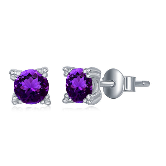 Sterling Silver 5MM Round Four Prong Stud Earrings - Amethyst