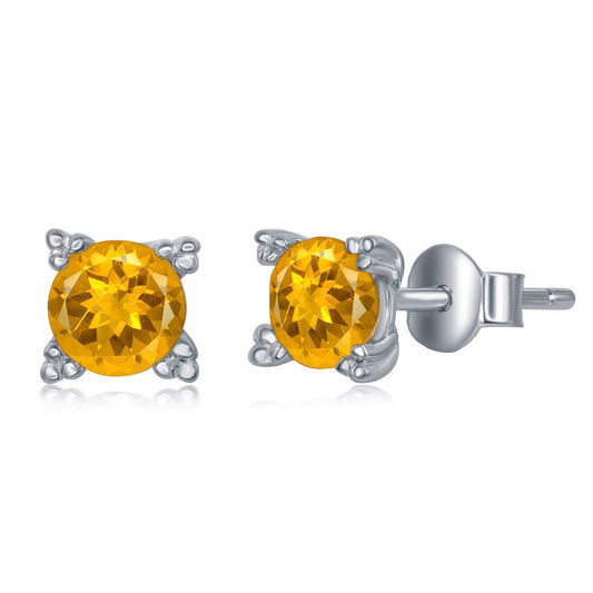 Sterling Silver 5MM Round Four Prong Stud Earrings - Citirine