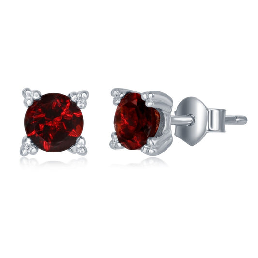Sterling Silver 5MM Round Four Prong Stud Earrings - Garnet