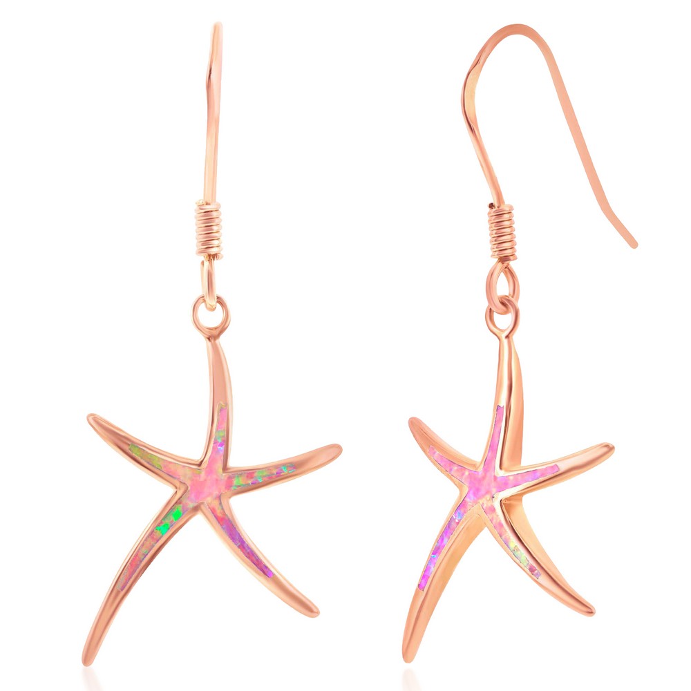 Sterling Silver Pink Inlay Opal Starfish Earrings - Rose Gold Plated