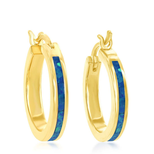 Sterling Silver Blue Opal Hoop Earrings - Gold Plated