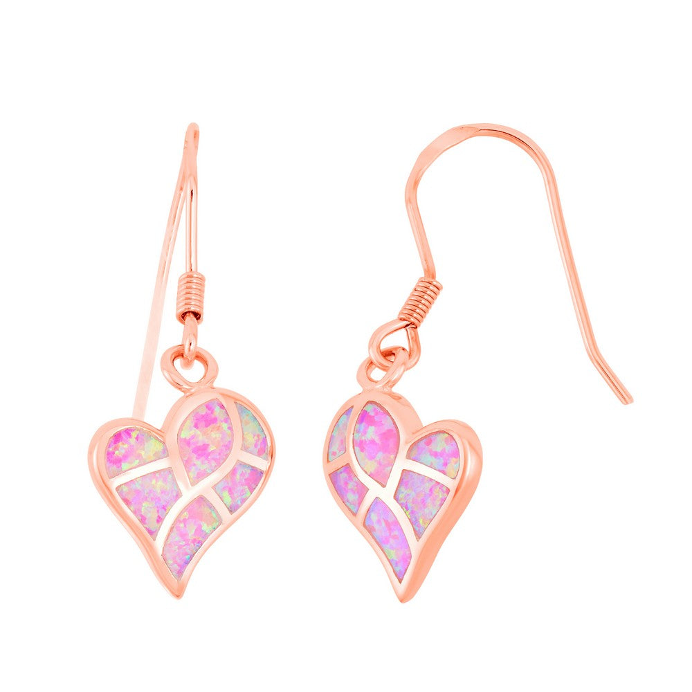 Sterling Silver Pink Inlay Opal Heart Mosaic Style Earrings - Rose Gold Plated