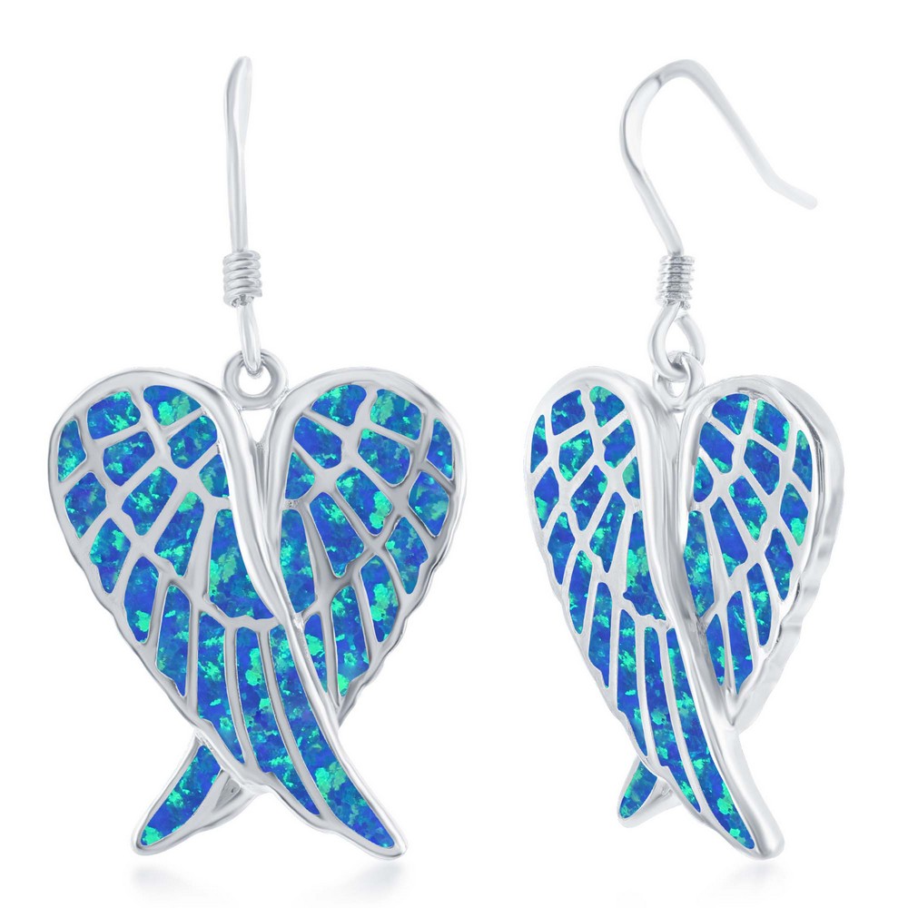 Sterling Silver Blue Inlay Opal Angel Wings Earrings