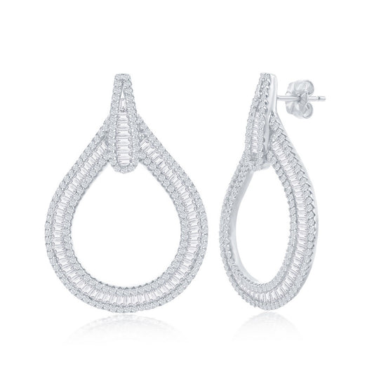 Sterling Silver Large Open Baguette CZ with Pave Border Teardrop Earrings