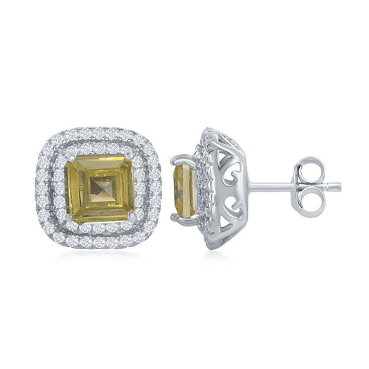 Sterling Silver Double CZ Square Border with Center Yellow CZ Stud Earrings