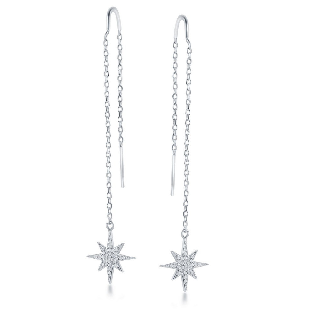 Sterling Silver Micro Pave CZ Star With  Chain & Hanging Bar Threader Earrings