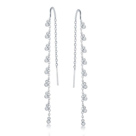 Sterling Silver Hanging Bezel-set CZ with Hanging Bar Chain Threader Earrings