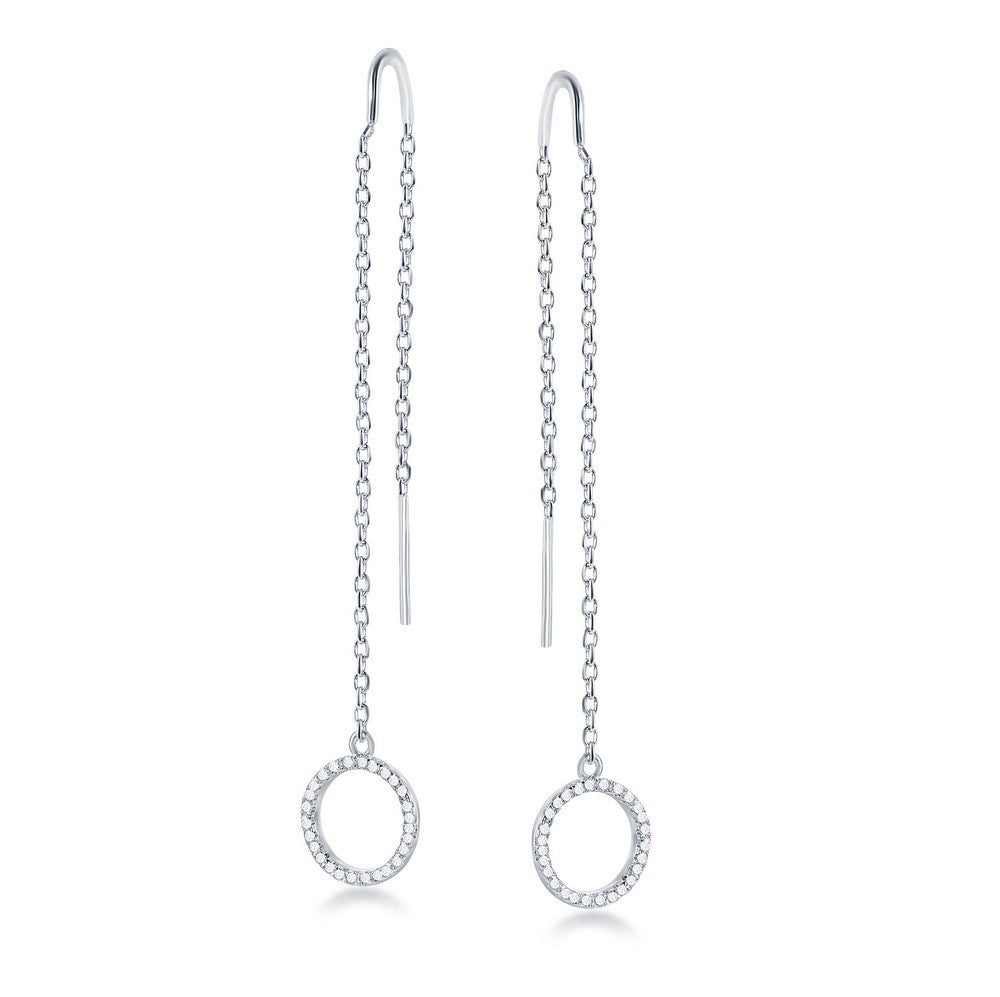 Sterling Silver Hanging Open CZ Circle and Bar Chain Threader Earrings