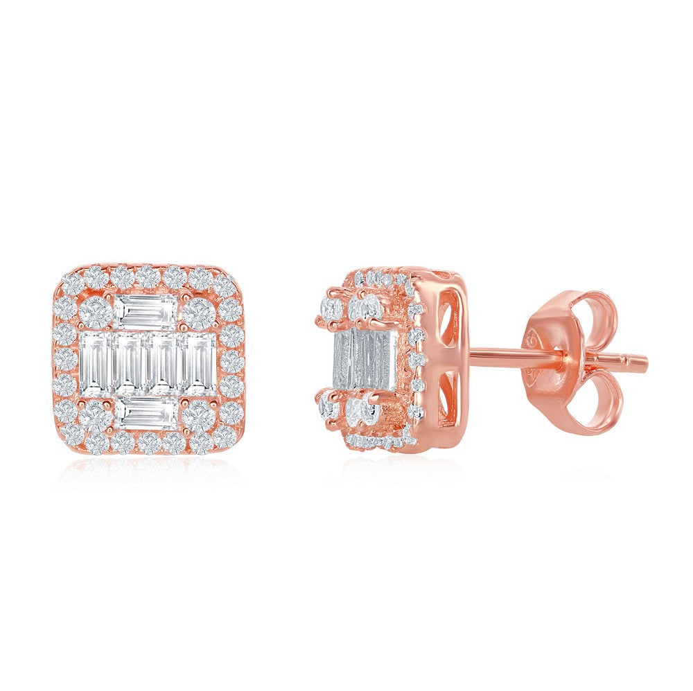 Sterling Silver Square Baguette CZ Stud Earrings - Rose Gold Plated