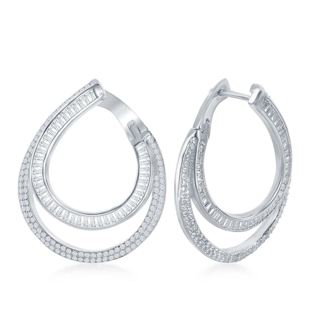Sterling Silver Baguette and Micro Pave Double J-Design Earrings
