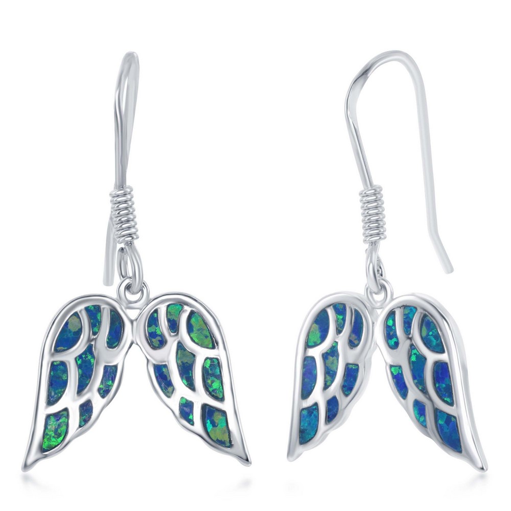 Sterling Silver Blue Inlay Opal Angel Wings Earrings