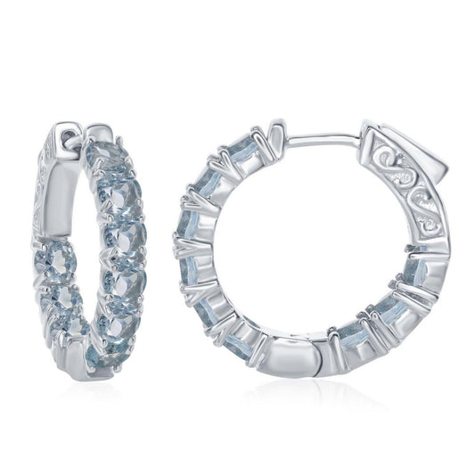 Sterling Silver, Inside-Outside Gemstone Hoop Earrings - Blue Topaz
