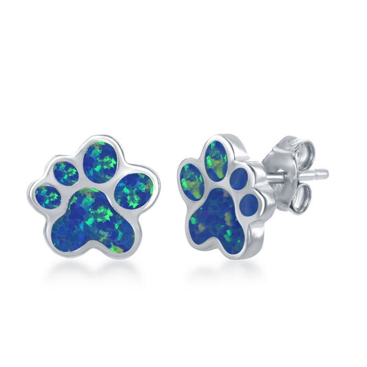 Sterling Silver Blue Inlay Opal Paw Stud Earrings