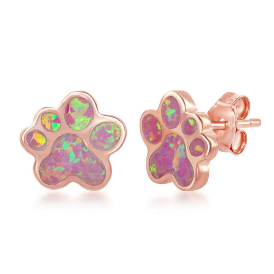 Sterling Silver Pink Inlay Opal Paw Stud Earrings - Rose Gold Plated