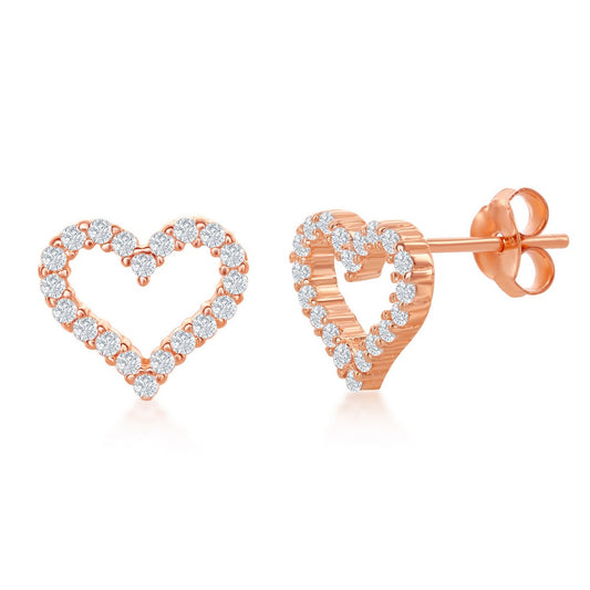 Sterling Silver Open Heart Cubic Zirconia Stud Earrings - Rose Gold Plated