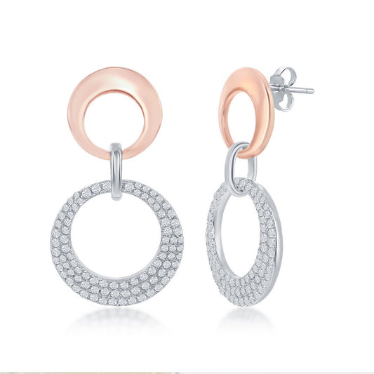 Sterling Silver Plain & Micro Pave Interlocking Open Circle Earrings - Rose Gold Plated