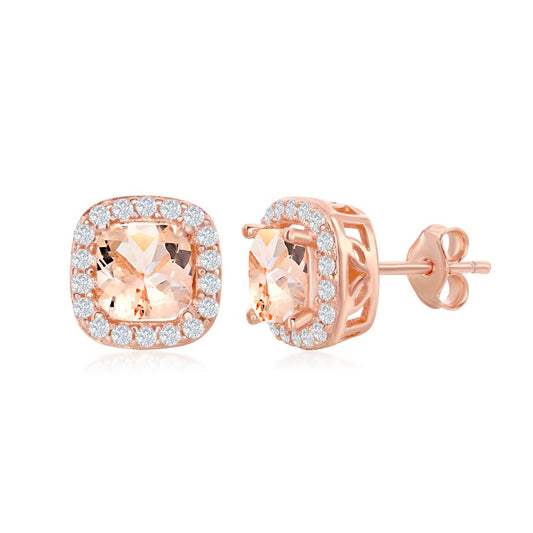 Sterling Silver Square Morganite CZ with White CZ Border Earrings - Rose Gold Plated