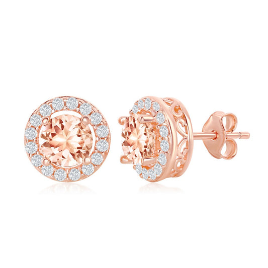 Sterling Silver Four-Prong Round Morganite CZ with White CZ Border Earrings - Rose Gold Plated
